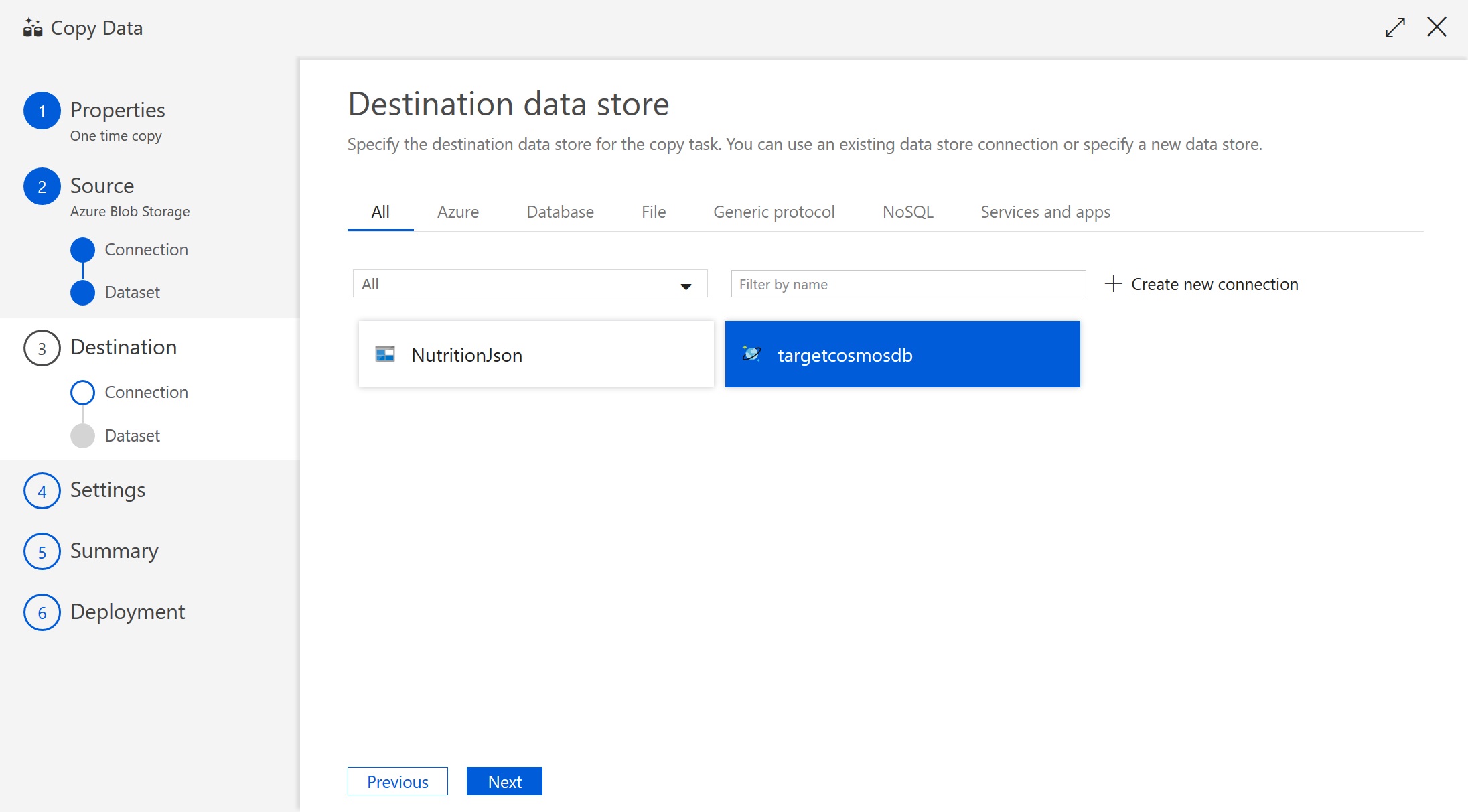 "The destination data source dialog is displayed"