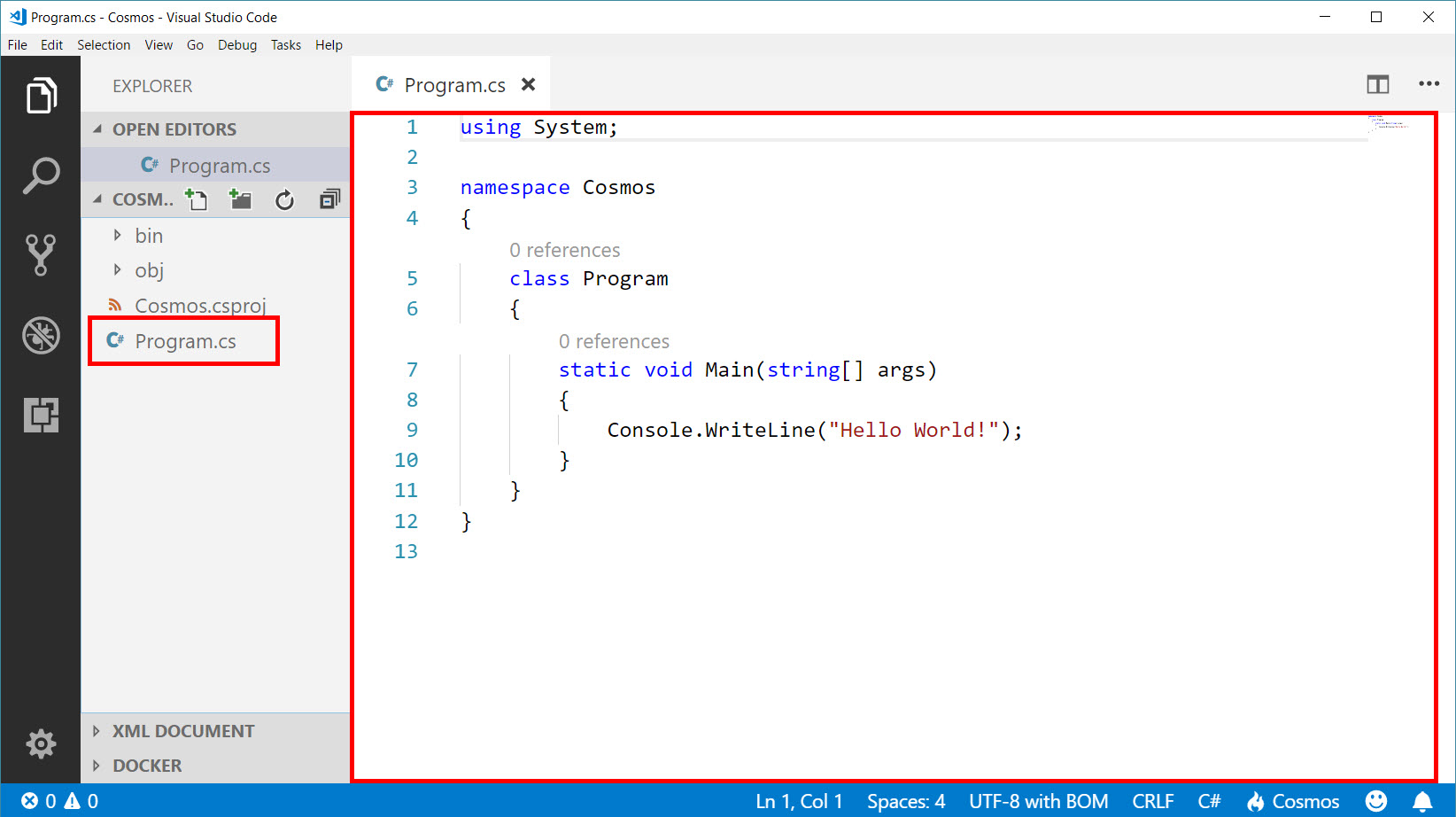 Visual Studio Code editor is displayed with the program.cs file highlighted