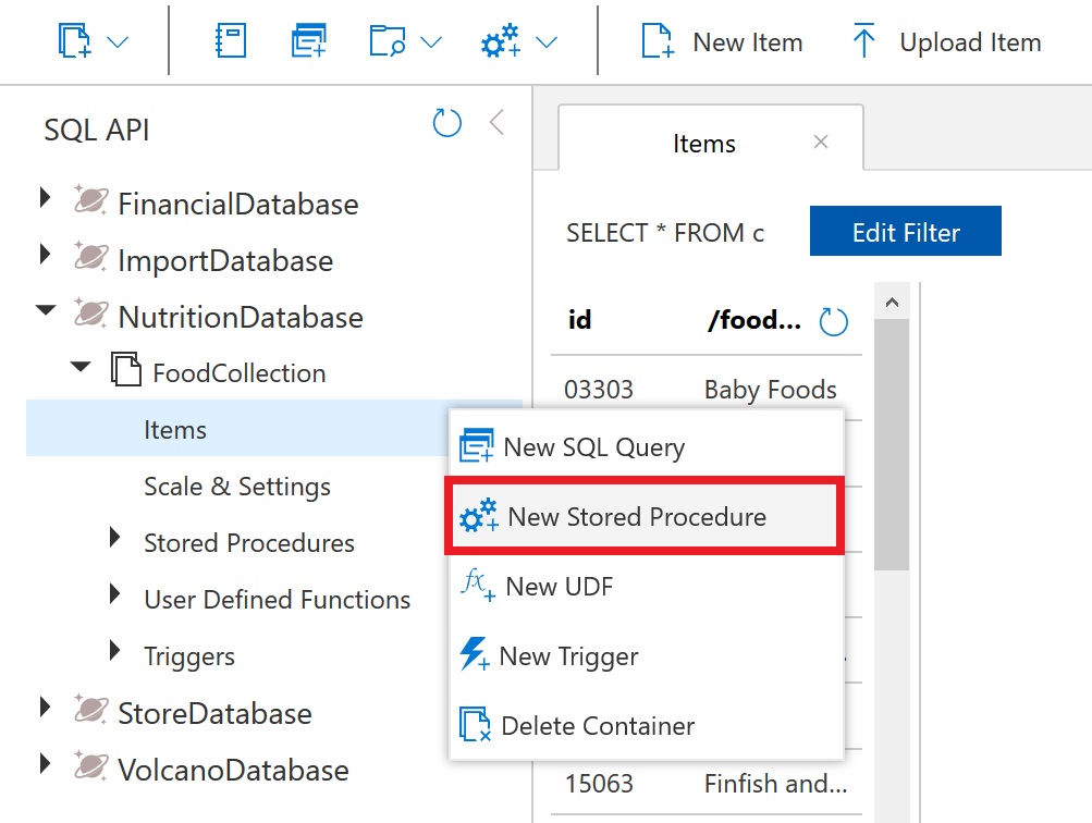 The New Stored Procedure menu item is highlighted